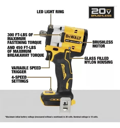 Chave de Impacto Atomic 13mm Dewalt Modelo DCF922B Sem Fio com 4 Velocidades Acompanha 2 Baterias 20V